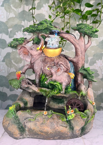Forest Elephant Family Tabletop Fountain - LED Crystal Ball - Water Wheel
