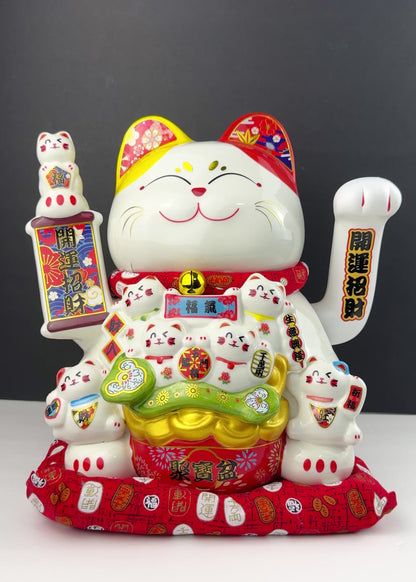 Lucky Money Cat – Treasure Pot –  Porcelain – Battery or AC Powered