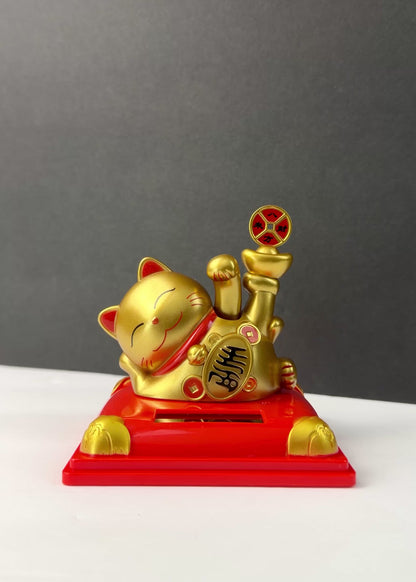 Solar Powered Lounging Lucky Money Cat - Waving Arm Fortune Cat with Gold Ingot & Coin
