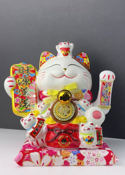 Lucky Money Cat Holding Wealth Banner – Porcelain – Battery or Plug-In
