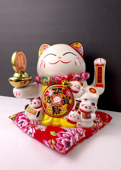Ceramic Lucky Money Cat with Waving Arm & Spinning Gold Ingot - USB/Battery Powered