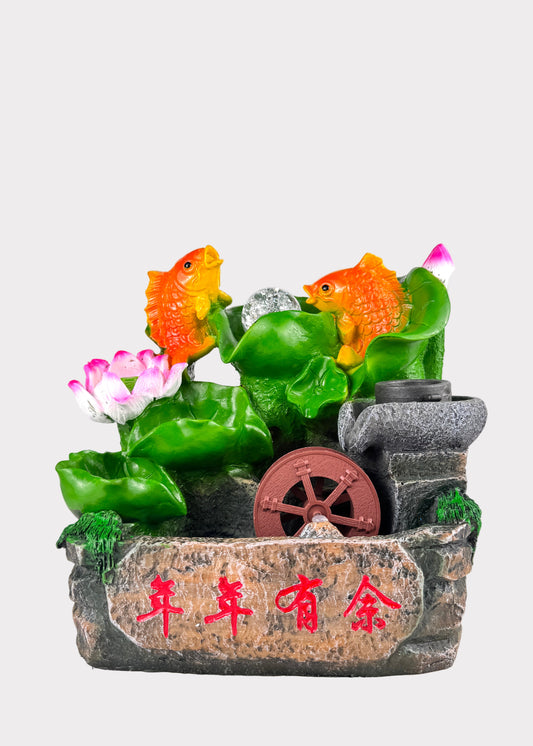 Prosperity goldfish lotus tabletop fountain with LED crystal ball and water wheel - front view - Rainbow Rosemead