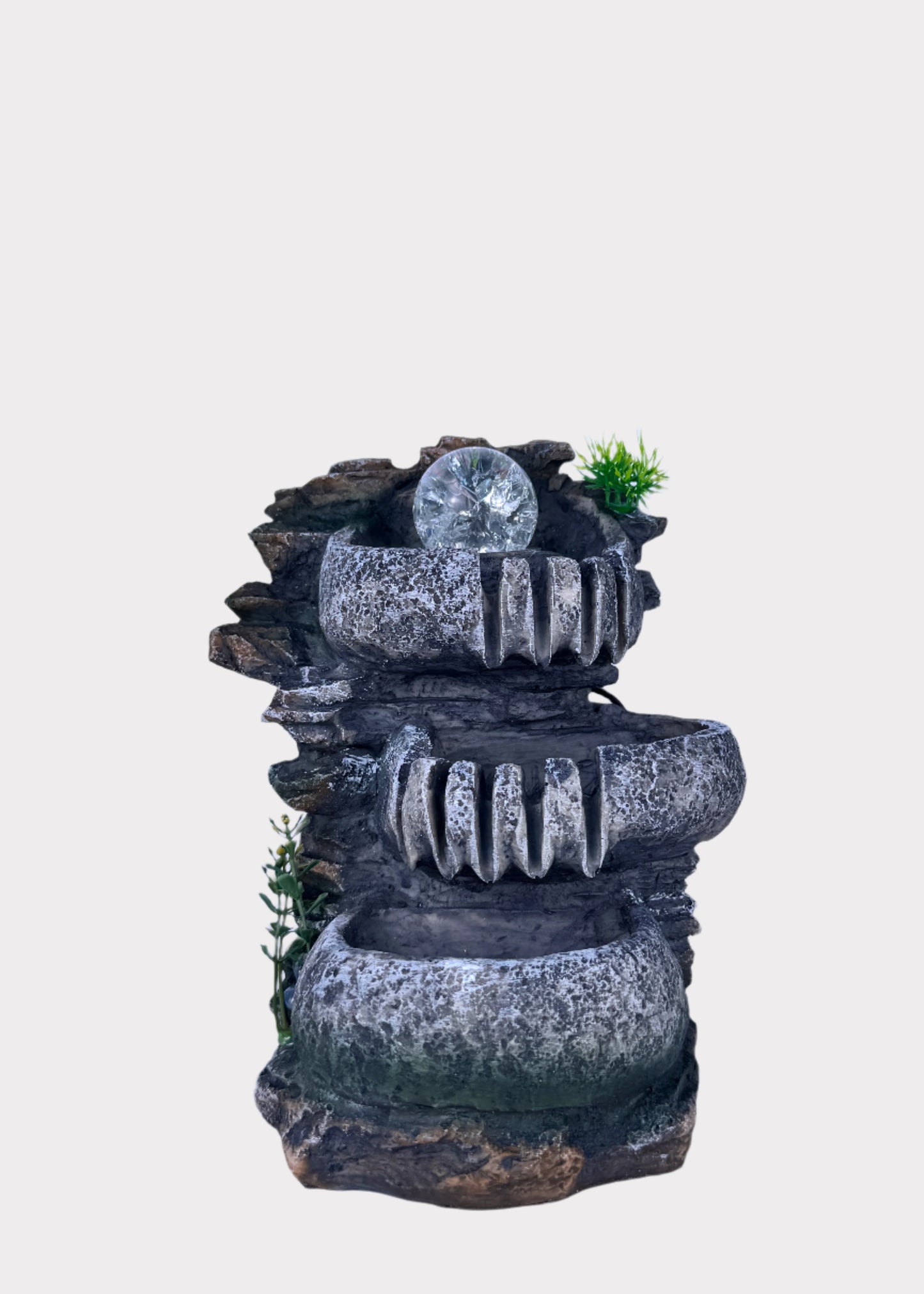 Rock-style tabletop fountain with glowing crystal sphere and tiered basins - front view - Rainbow Rosemead