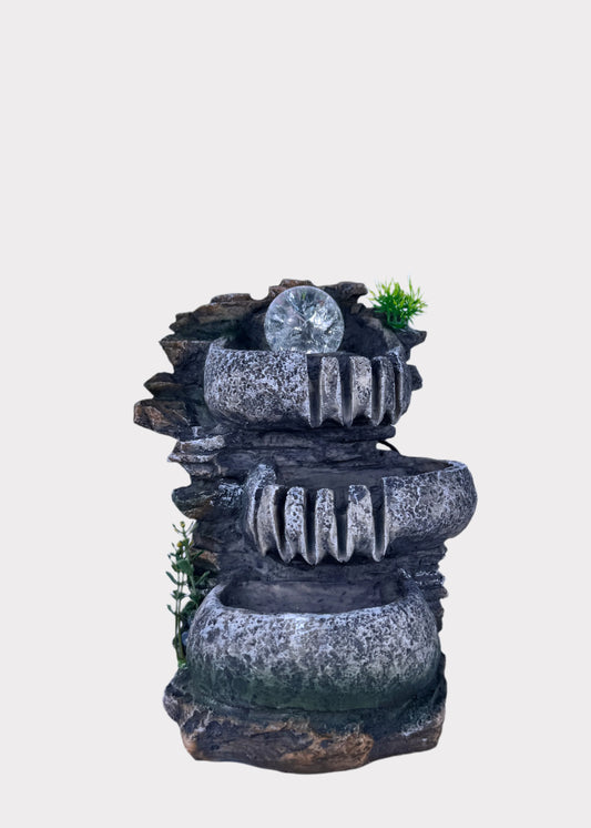 Rock-style tabletop fountain with glowing crystal sphere and tiered basins - front view - Rainbow Rosemead