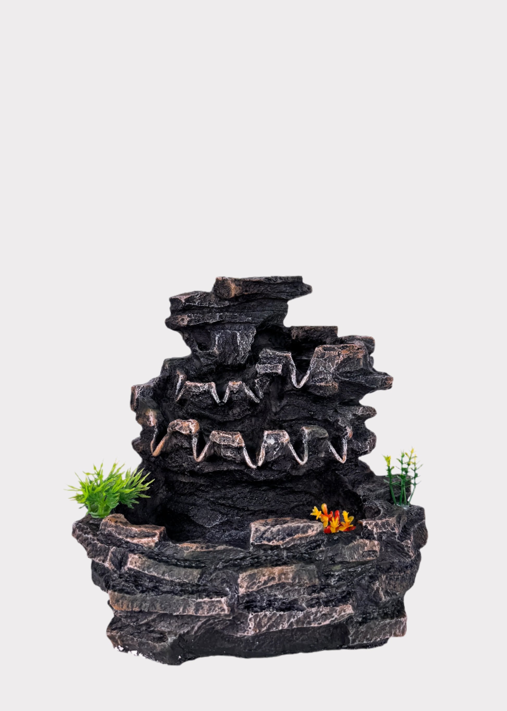 Tiered rock cascade tabletop fountain with rugged stone texture and flowing water - front view - Rainbow Rosemead