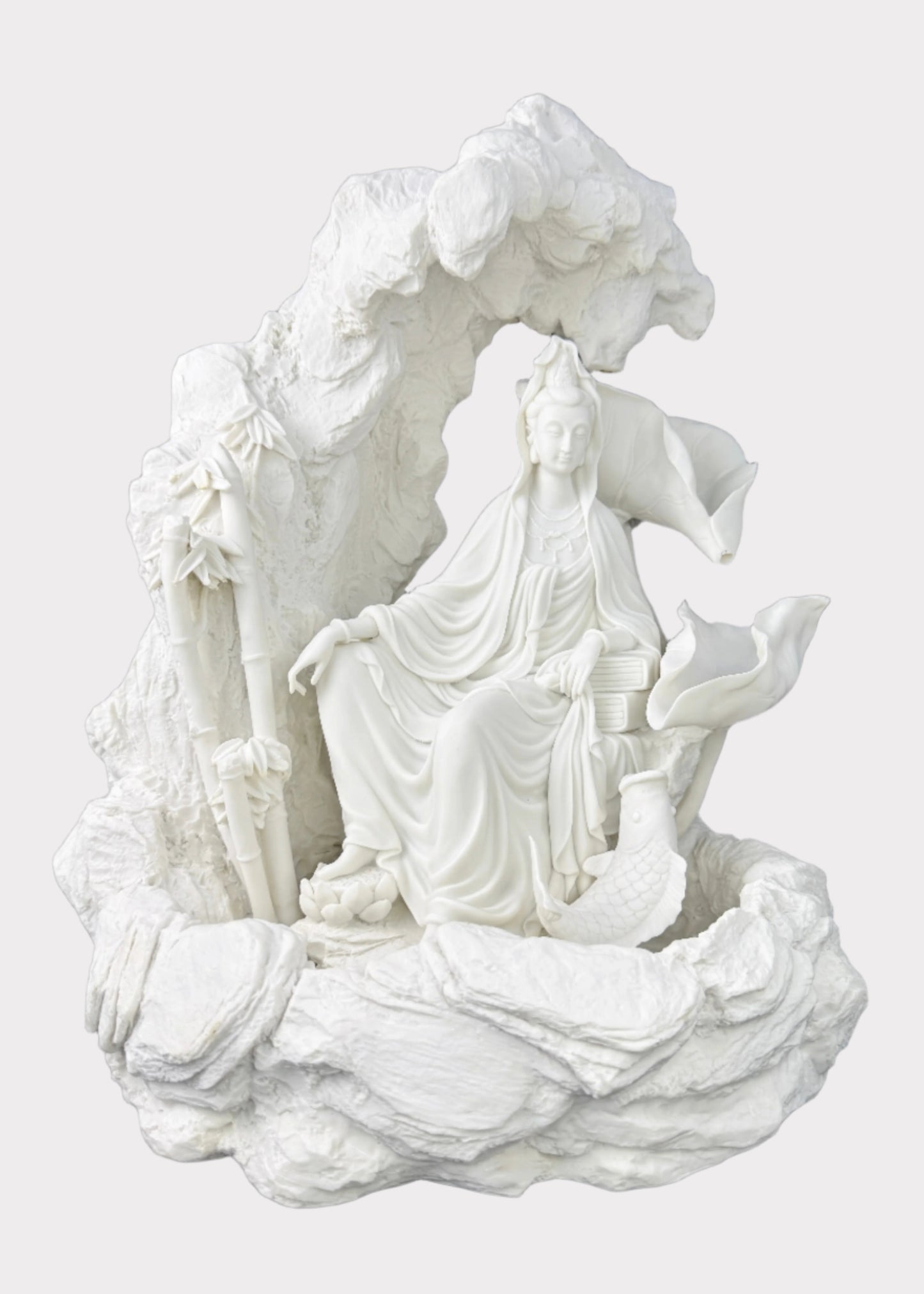White Guan Yin fountain with lotus, bamboo, koi fish, and rock details - front view - Rainbow Rosemead