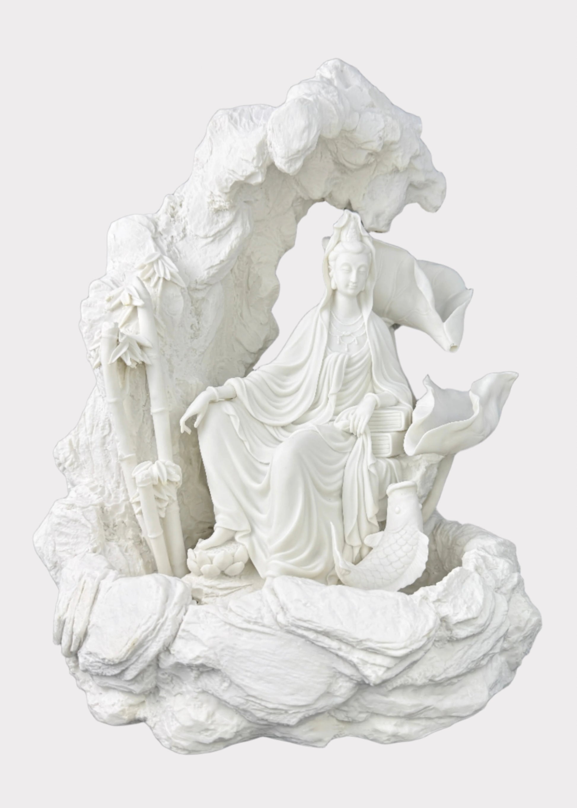 White Guan Yin fountain with lotus, bamboo, koi fish, and rock details - front view - Rainbow Rosemead
