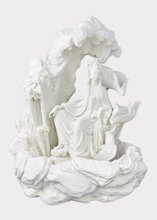 White Guan Yin fountain with lotus, bamboo, koi fish, and rock details - front view - Rainbow Rosemead