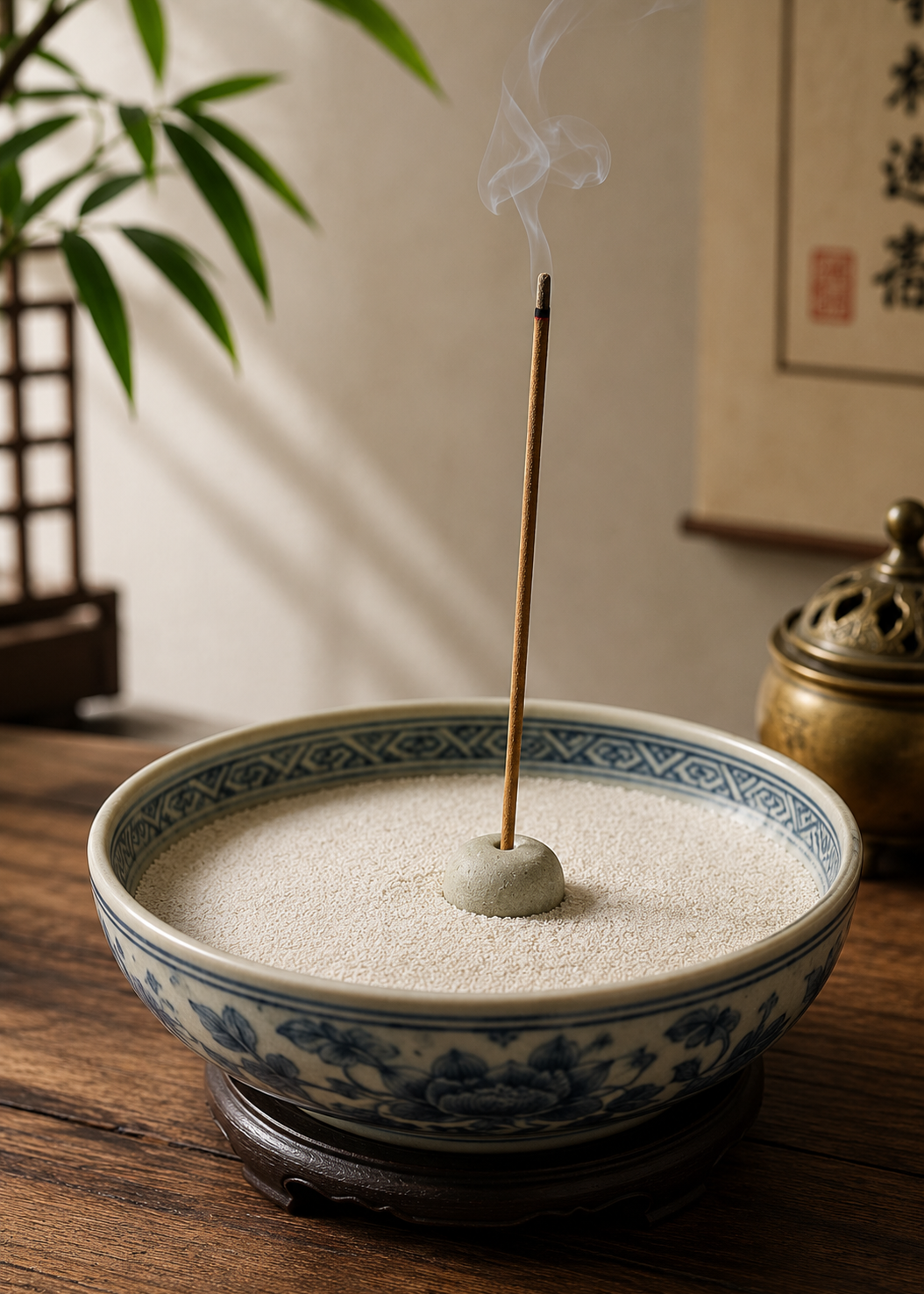 Incense stick burning in a decorative bowl on a wooden surface with a plant and framed artwork in the background.