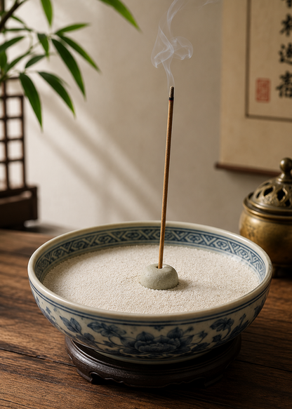 Incense stick burning in a decorative bowl on a wooden surface with a plant and framed artwork in the background.