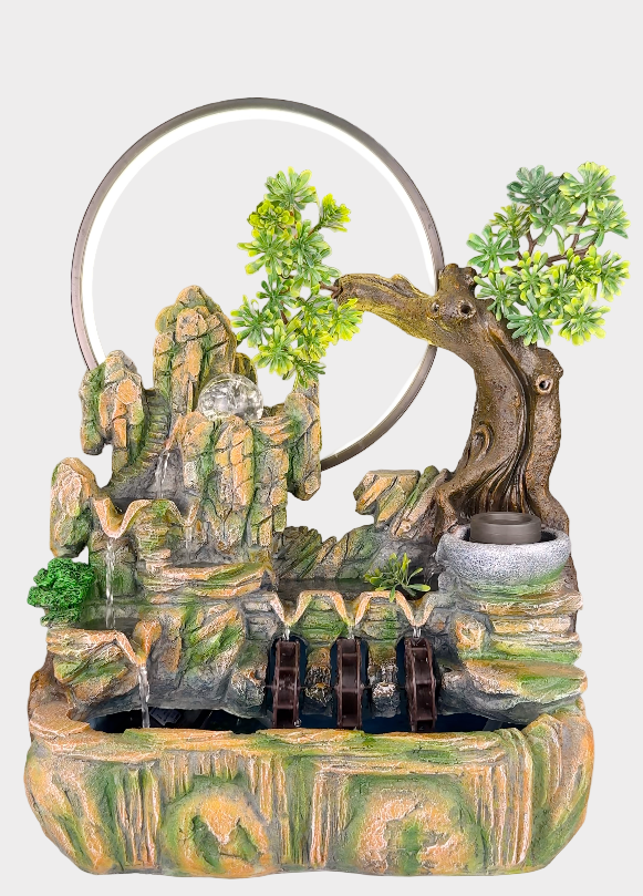 Zen mountain ring tabletop fountain with LED crystal ball, bonsai tree, and triple water wheels - front view - Rainbow Rosemead