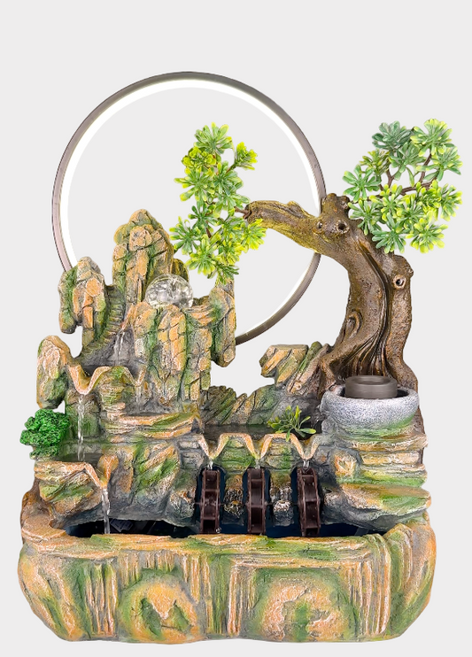 Zen mountain ring tabletop fountain with LED crystal ball, bonsai tree, and triple water wheels - front view - Rainbow Rosemead